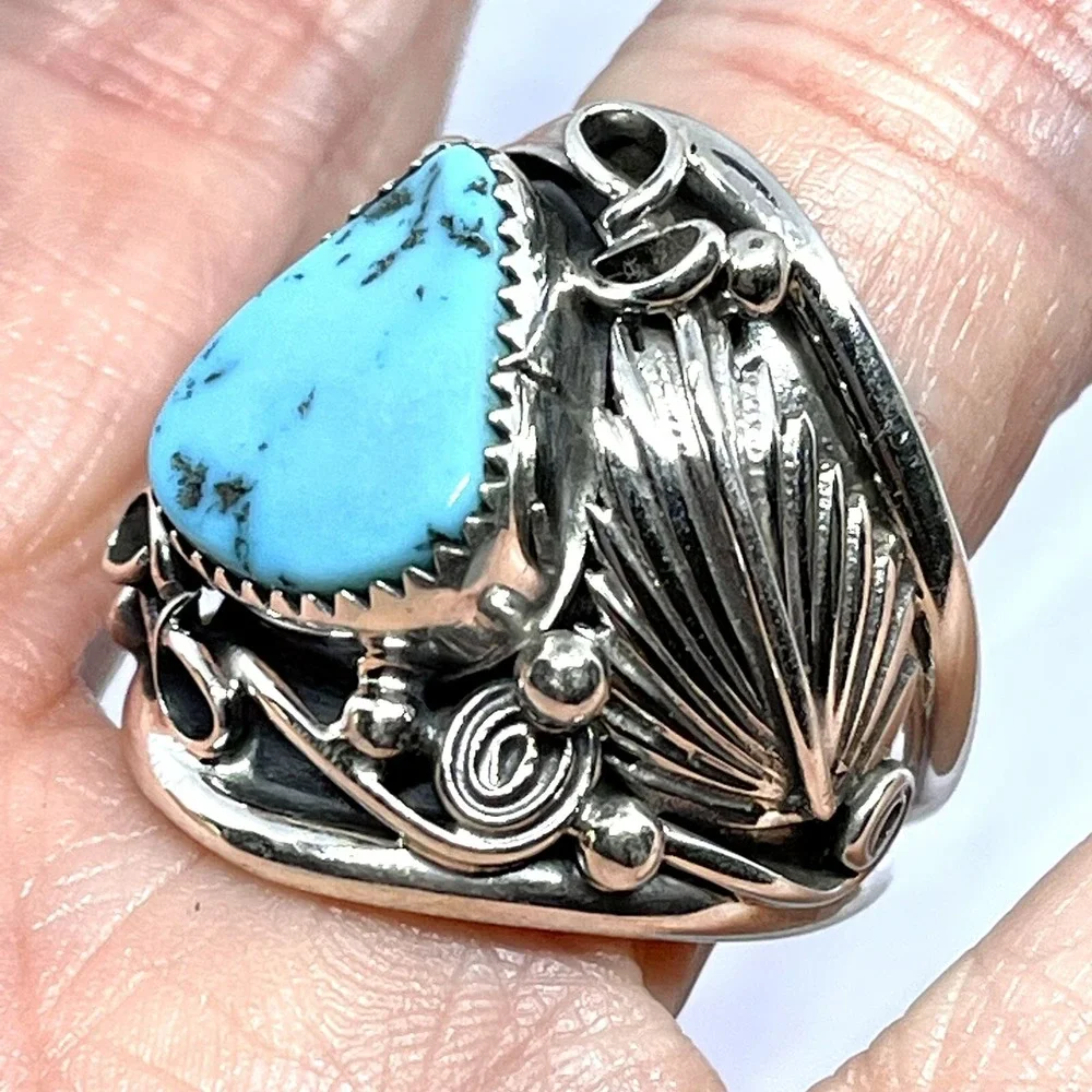 Navajo Turquoise Mens Ring Sz 11 Leaf Feather Sterling Native American Saunders